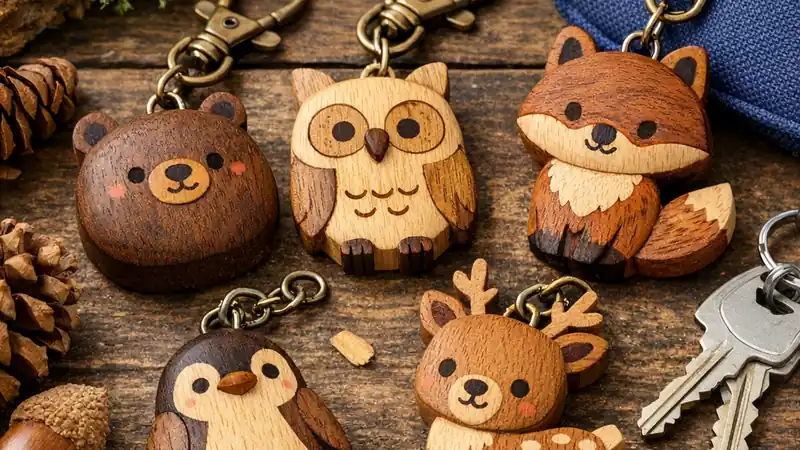 木製動物デザインのキーホルダー