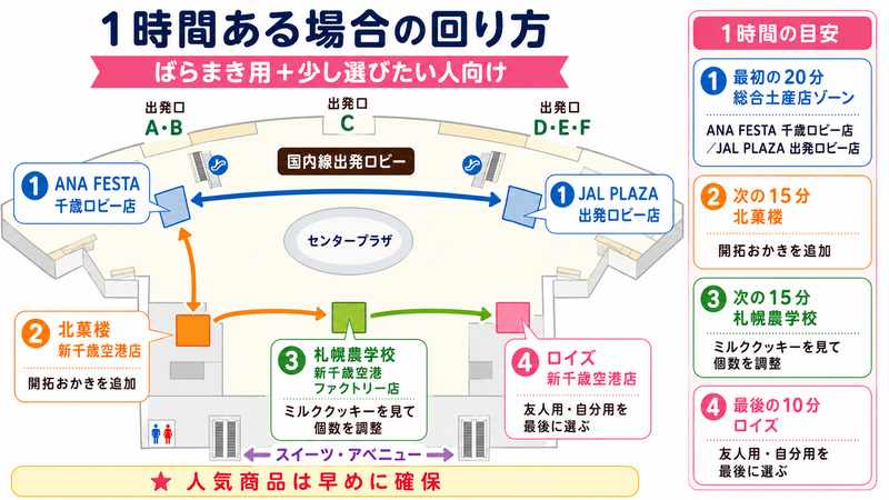 新千歳空港のばらまきお土産ルート：1時間ある場合の回り方