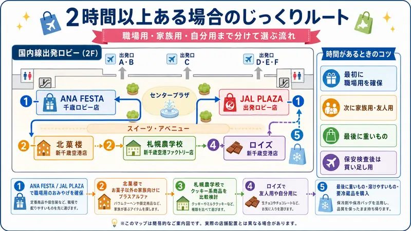 新千歳空港のばらまきお土産ルート：2時間以上ある場合のじっくりルート
