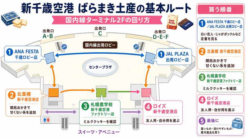 新千歳空港のばらまきお土産ルート：新千歳空港ばらまき土産の基本ルート