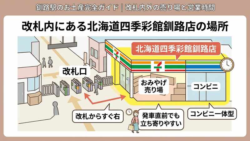 改札内にある北海道四季彩館釧路店の場所